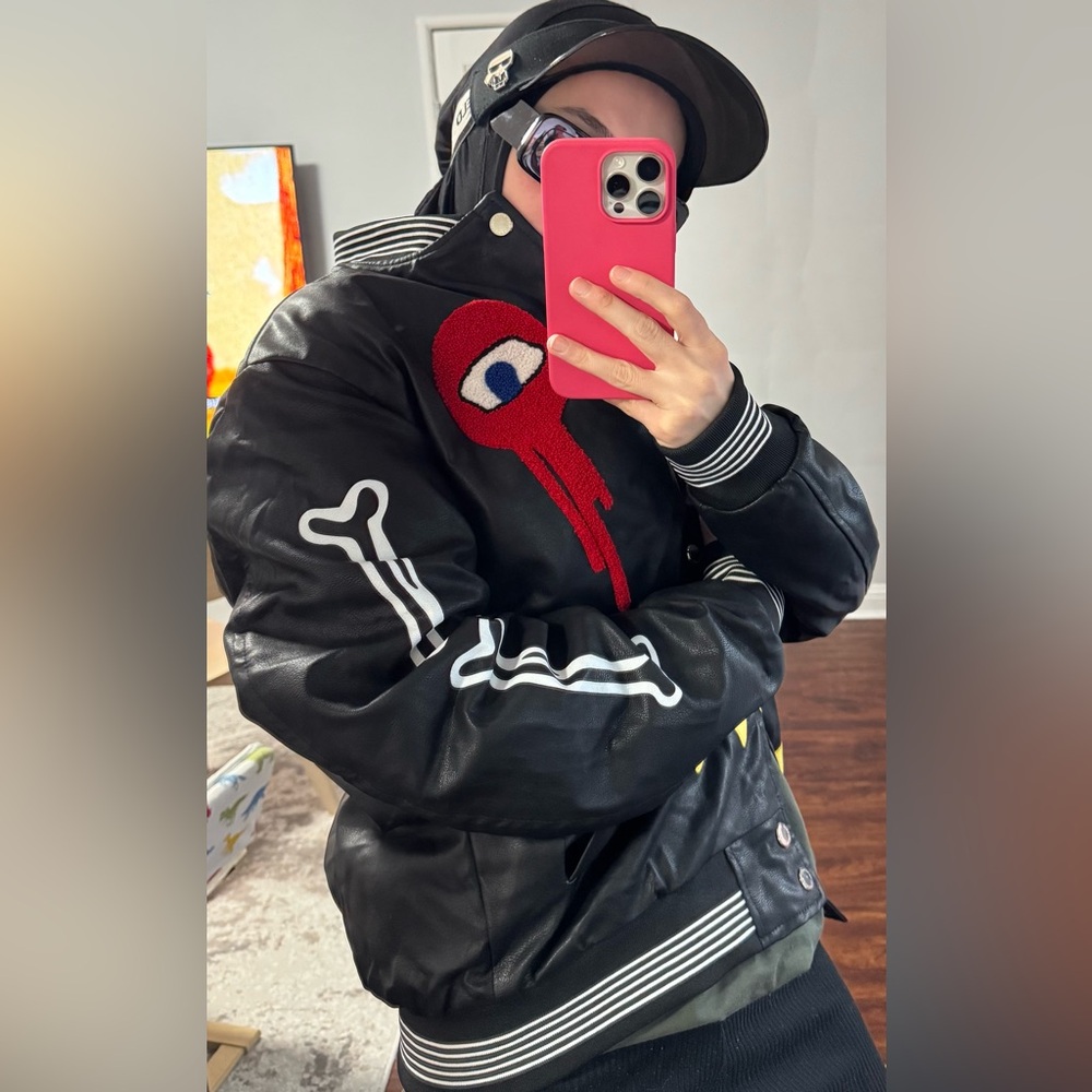 Hardsoda Skeleton Bones Varsity Jacket Black Faux… - image 2